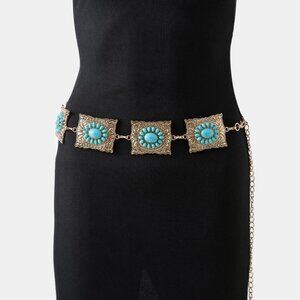 Ornate Western Gold/Turquoise Square Concho Belt